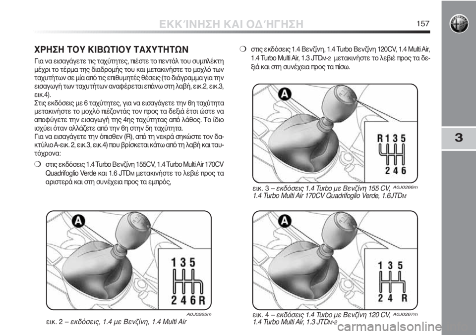 Alfa Romeo MiTo 2011  ΒΙΒΛΙΟ ΧΡΗΣΗΣ ΚΑΙ ΣΥΝΤΗΡΗΣΗΣ (in Greek) 3
ΕΚΚΊΝΗΣΗ ΚΑΙ ΟΔΉΓΗΣΗ157
ΧΡΗΣΗ ΤΟΥ ΚΙΒΩΤΙΟΥ ΤΑΧΥΤΗΤΩΝ
Για να εισαγάγετε τις ταχύτητες, πιέστε το πεντάλ του συ