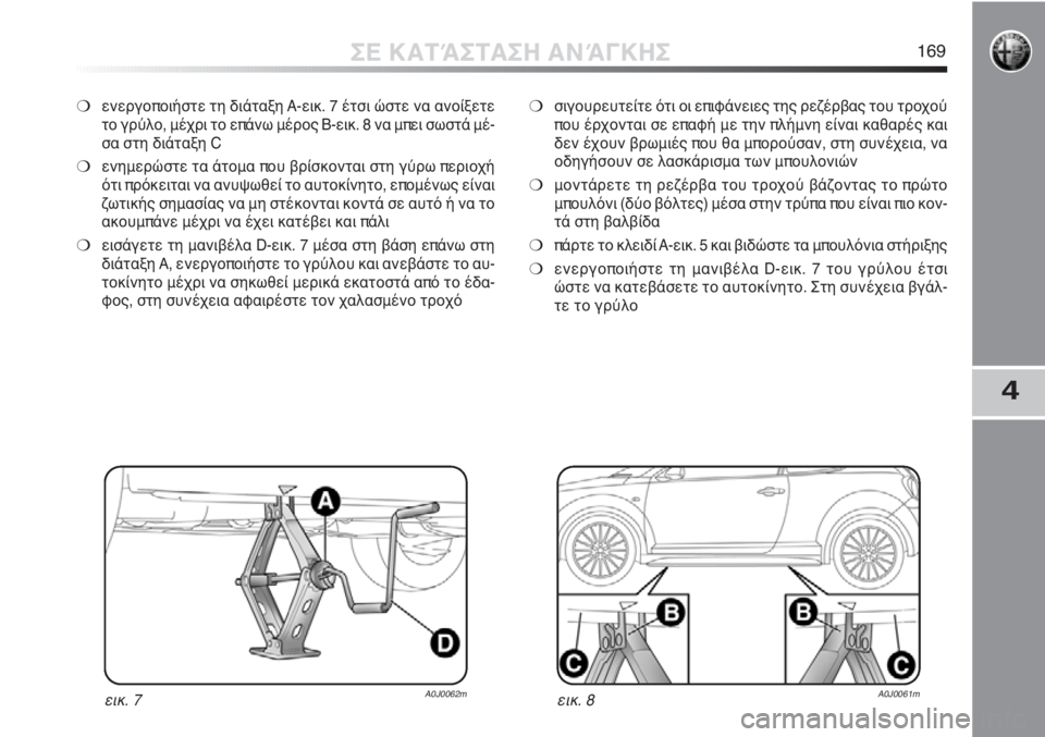 Alfa Romeo MiTo 2011  ΒΙΒΛΙΟ ΧΡΗΣΗΣ ΚΑΙ ΣΥΝΤΗΡΗΣΗΣ (in Greek) 4
ΣΕ ΚΑΤΆΣΤΑΣΗ ΑΝΆΓΚΗΣ169
❍ενεργοποιήστε τη διάταξη A-εικ. 7 έτσι ώστε να ανοίξετε
το γρύλο, μέχρι το επάνω μέρος