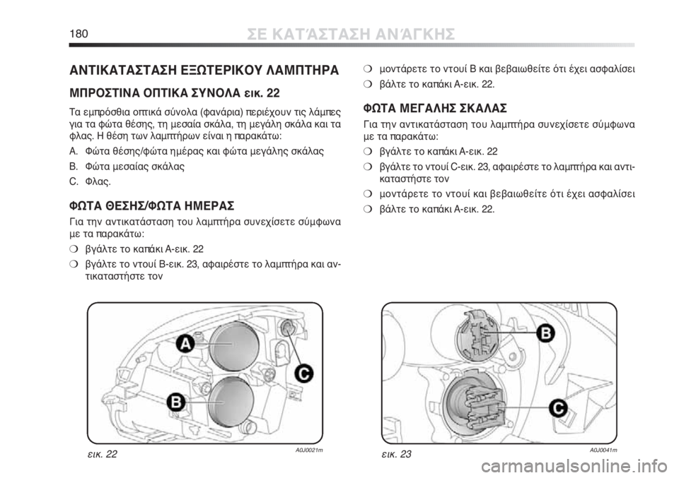 Alfa Romeo MiTo 2011  ΒΙΒΛΙΟ ΧΡΗΣΗΣ ΚΑΙ ΣΥΝΤΗΡΗΣΗΣ (in Greek) 180ΣΕ ΚΑΤΆΣΤΑΣΗ ΑΝΆΓΚΗΣ
ΑΝΤΙΚΑΤΑΣΤΑΣΗ ΕΞΩΤΕΡΙΚΟΥ ΛΑΜΠΤΗΡΑ
ΜΠΡΟΣΤΙΝΑ ΟΠΤΙΚΑ ΣΥΝΟΛΑ εικ. 22
Τα εμπρόσθια οπτικά 