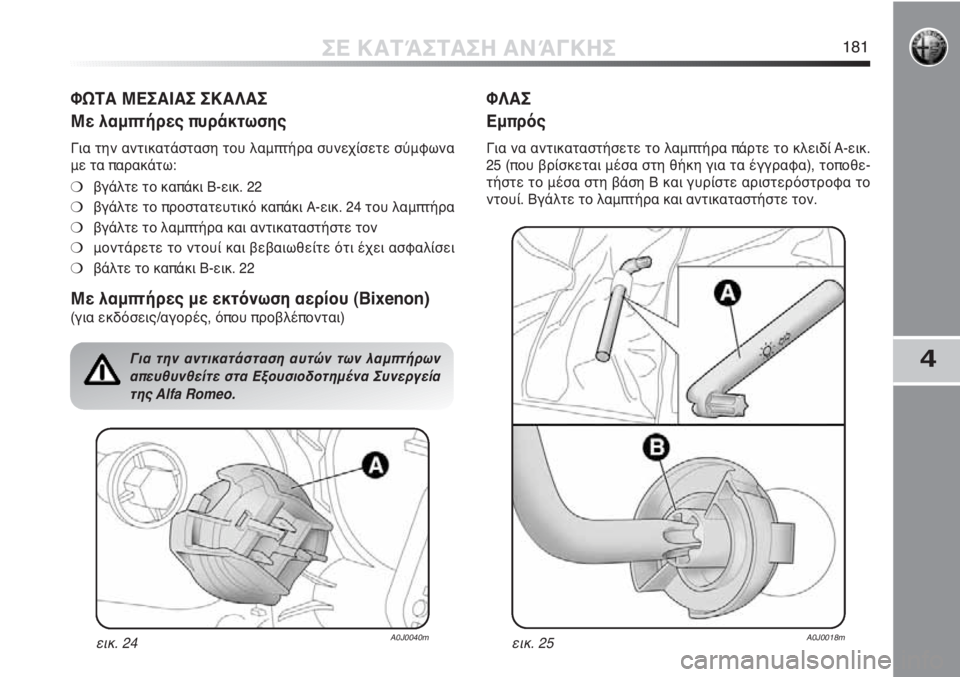 Alfa Romeo MiTo 2011  ΒΙΒΛΙΟ ΧΡΗΣΗΣ ΚΑΙ ΣΥΝΤΗΡΗΣΗΣ (in Greek) 4
ΣΕ ΚΑΤΆΣΤΑΣΗ ΑΝΆΓΚΗΣ181
ΦΩΤΑ ΜΕΣΑΙΑΣ ΣΚΑΛΑΣ
Με λαμπτήρες πυράκτωσης
Για την αντικατάσταση του λαμπτήρα συνε
