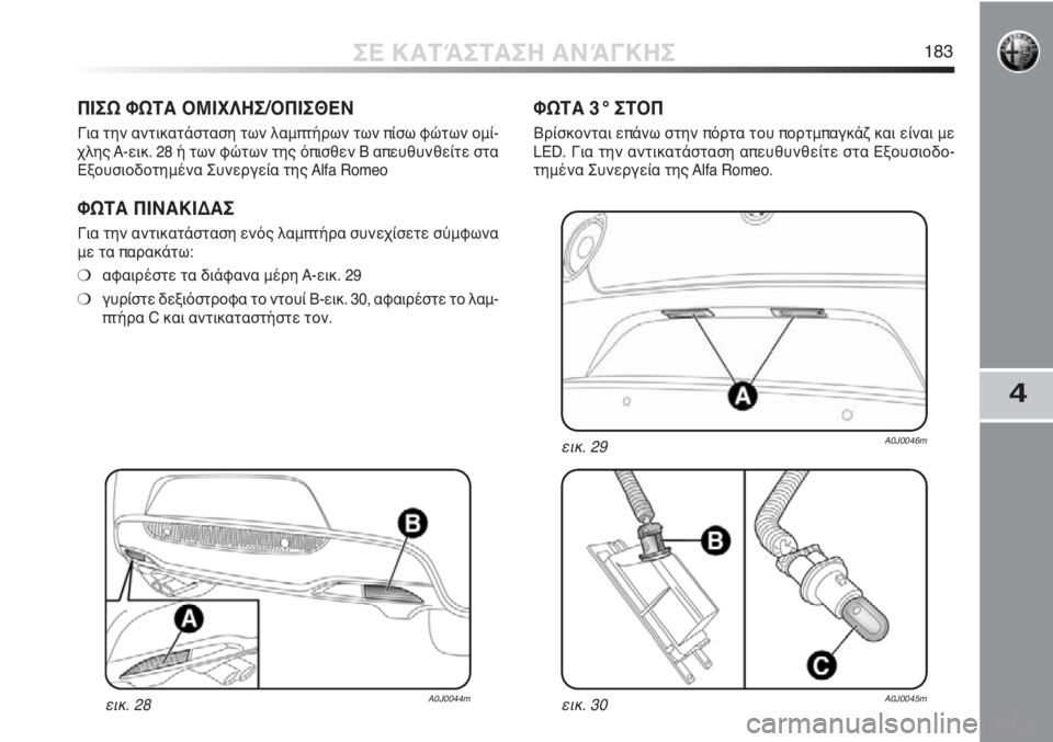 Alfa Romeo MiTo 2011  ΒΙΒΛΙΟ ΧΡΗΣΗΣ ΚΑΙ ΣΥΝΤΗΡΗΣΗΣ (in Greek) 4
ΣΕ ΚΑΤΆΣΤΑΣΗ ΑΝΆΓΚΗΣ183
ΠΙΣΩ ΦΩΤΑ ΟΜΙΧΛΗΣ/ΟΠΙΣΘΕΝ
Για την αντικατάσταση των λαμπτήρων των πίσω φώτων ομί-
χλη