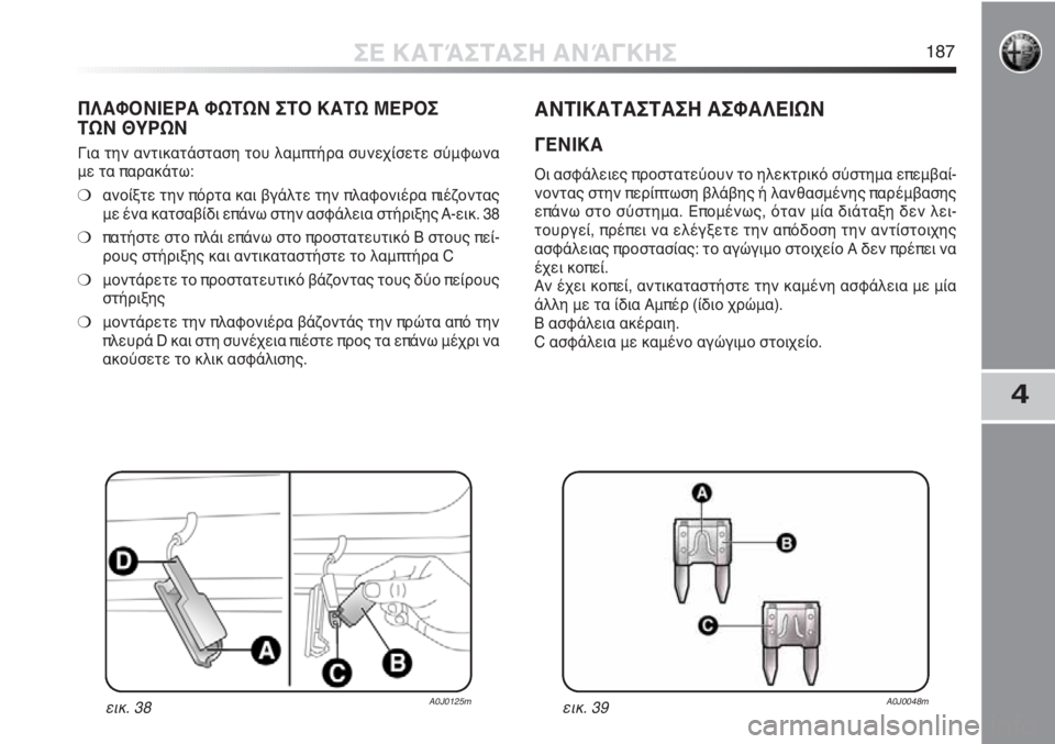 Alfa Romeo MiTo 2011  ΒΙΒΛΙΟ ΧΡΗΣΗΣ ΚΑΙ ΣΥΝΤΗΡΗΣΗΣ (in Greek) 4
ΣΕ ΚΑΤΆΣΤΑΣΗ ΑΝΆΓΚΗΣ187
ΠΛΑΦΟΝΙΕΡΑ ΦΩΤΩΝ ΣΤΟ ΚΑΤΩ ΜΕΡΟΣ
ΤΩΝ ΘΥΡΩΝ
Για την αντικατάσταση του λαμπτήρα συνεχίσ