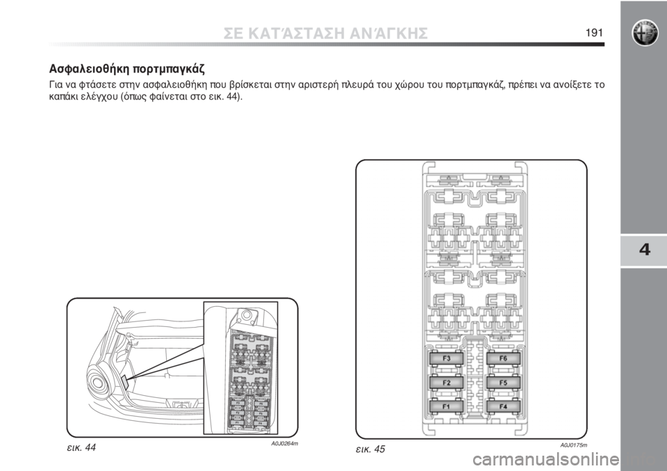 Alfa Romeo MiTo 2011  ΒΙΒΛΙΟ ΧΡΗΣΗΣ ΚΑΙ ΣΥΝΤΗΡΗΣΗΣ (in Greek) 4
ΣΕ ΚΑΤΆΣΤΑΣΗ ΑΝΆΓΚΗΣ191
Ασφαλειοθήκη πορτμπαγκάζ
Για να φτάσετε στην ασφαλειοθήκη που βρίσκεται στην αριστε