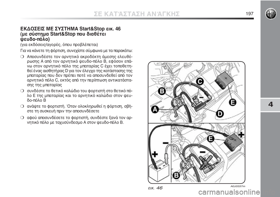Alfa Romeo MiTo 2011  ΒΙΒΛΙΟ ΧΡΗΣΗΣ ΚΑΙ ΣΥΝΤΗΡΗΣΗΣ (in Greek) 4
ΣΕ ΚΑΤΆΣΤΑΣΗ ΑΝΆΓΚΗΣ197
ΕΚΔΟΣΕΙΣ ΜΕ ΣΥΣΤΗΜΑ Start&Stop εικ. 46
(με σύστημα Start&Stop που διαθέτει
ψευδο-πόλο)
(για εκδόσε