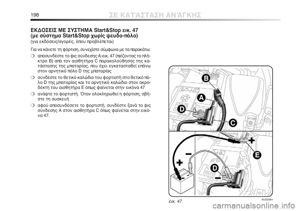 Alfa Romeo MiTo 2011  ΒΙΒΛΙΟ ΧΡΗΣΗΣ ΚΑΙ ΣΥΝΤΗΡΗΣΗΣ (in Greek) 198ΣΕ ΚΑΤΆΣΤΑΣΗ ΑΝΆΓΚΗΣ
εικ. 47A0J0338m
ΕΚΔΟΣΕΙΣ ΜΕ ΣΥΣΤΗΜΑ Start&Stop εικ. 47
(με σύστημα Start&Stop χωρίς ψευδο-πόλο)
(για εκδό