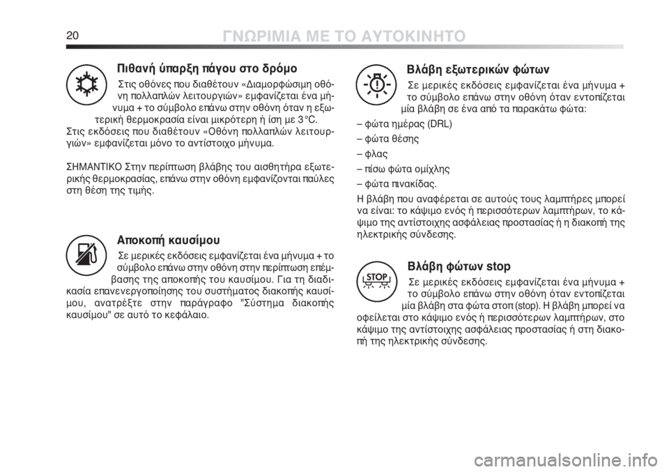 Alfa Romeo MiTo 2011  ΒΙΒΛΙΟ ΧΡΗΣΗΣ ΚΑΙ ΣΥΝΤΗΡΗΣΗΣ (in Greek) 20ΓΝΩΡΙΜΙΑ ΜΕ ΤΟ ΑΥΤΟΚΙΝΗΤΟ
Πιθανή ύπαρξη πάγου στο δρόμο
Στις οθόνες που διαθέτουν «Διαμορφώσιμη οθό-
νη πολ