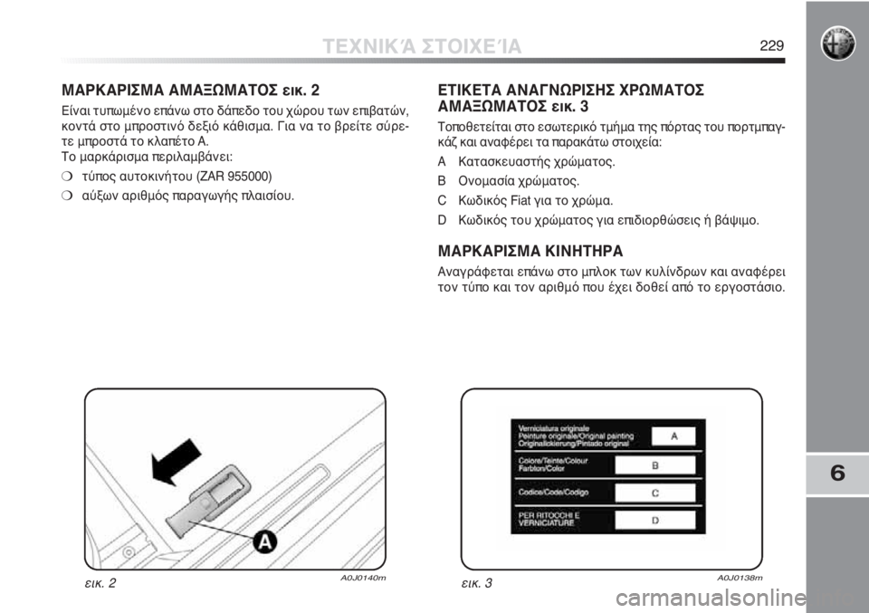 Alfa Romeo MiTo 2011  ΒΙΒΛΙΟ ΧΡΗΣΗΣ ΚΑΙ ΣΥΝΤΗΡΗΣΗΣ (in Greek) 6
ΤΕΧΝΙΚΆ ΣΤΟΙΧΕΊΑ229
ΜΑΡΚΑΡΙΣΜΑ ΑΜΑΞΩΜΑΤΟΣ εικ. 2
Είναι τυπωμένο επάνω στο δάπεδο του χώρου των επιβατών,
κοντ