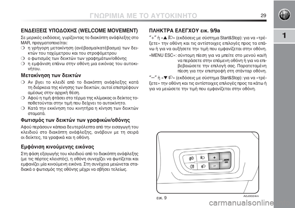 Alfa Romeo MiTo 2011  ΒΙΒΛΙΟ ΧΡΗΣΗΣ ΚΑΙ ΣΥΝΤΗΡΗΣΗΣ (in Greek) 1
ΓΝΩΡΙΜΙΑ ΜΕ ΤΟ ΑΥΤΟΚΙΝΗΤΟ29
ΕΝΔΕΙΞΕΙΣ ΥΠΟΔΟΧΗΣ (WELCOME MOVEMENT)
Σε μερικές εκδόσεις, γυρίζοντας το διακόπτη ανάφλε