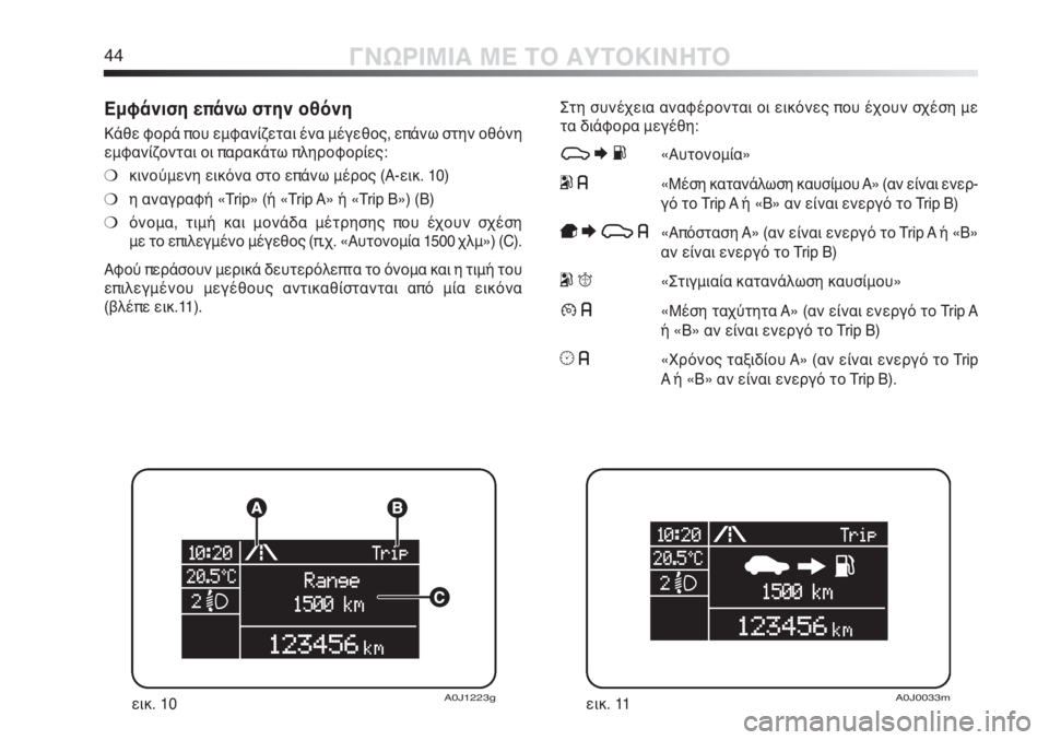 Alfa Romeo MiTo 2011  ΒΙΒΛΙΟ ΧΡΗΣΗΣ ΚΑΙ ΣΥΝΤΗΡΗΣΗΣ (in Greek) 44ΓΝΩΡΙΜΙΑ ΜΕ ΤΟ ΑΥΤΟΚΙΝΗΤΟ
Εμφάνιση επάνω στην οθόνη
Κάθε φορά που εμφανίζεται ένα μέγεθος, επάνω στην οθόνη
