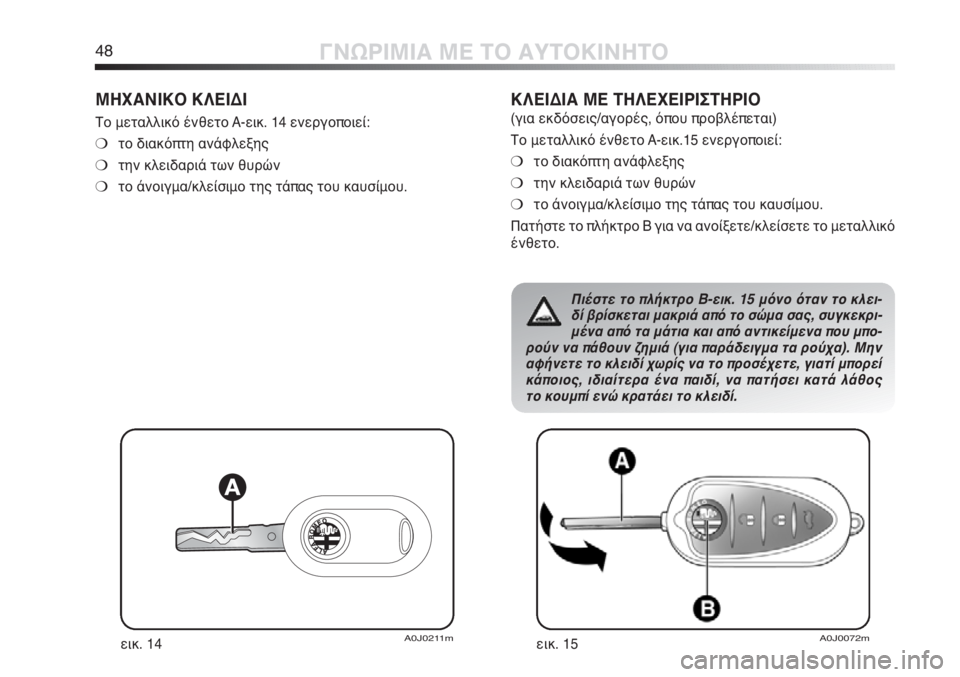 Alfa Romeo MiTo 2011  ΒΙΒΛΙΟ ΧΡΗΣΗΣ ΚΑΙ ΣΥΝΤΗΡΗΣΗΣ (in Greek) 48ΓΝΩΡΙΜΙΑ ΜΕ ΤΟ ΑΥΤΟΚΙΝΗΤΟ
ΜΗΧΑΝΙΚΟ ΚΛΕΙΔΙ 
Το μεταλλικό ένθετο A-εικ. 14 ενεργοποιεί:
❍το διακόπτη ανάφλεξης
