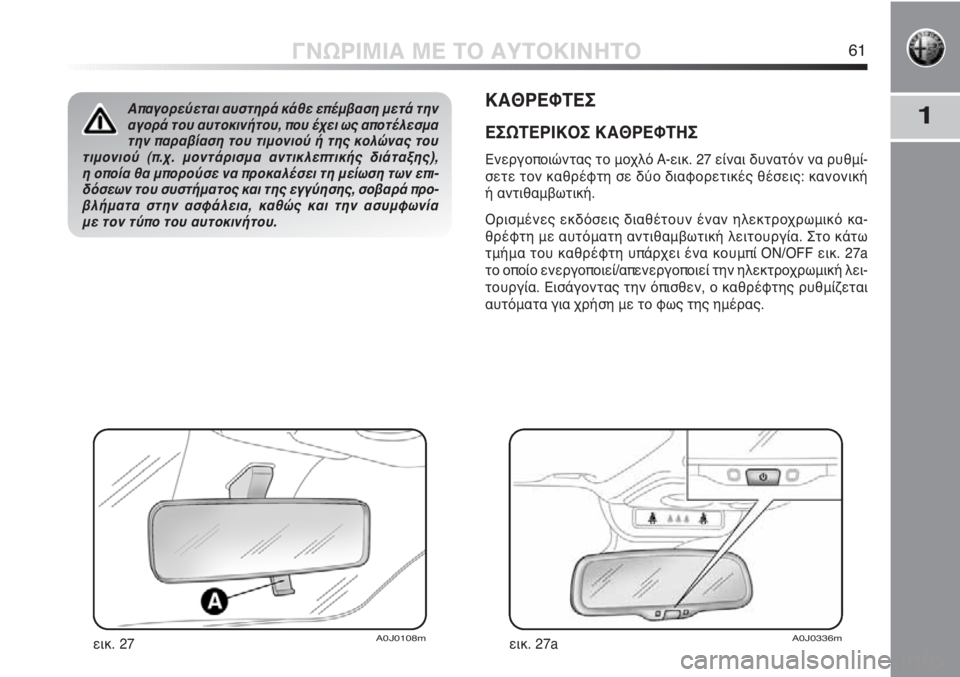 Alfa Romeo MiTo 2011  ΒΙΒΛΙΟ ΧΡΗΣΗΣ ΚΑΙ ΣΥΝΤΗΡΗΣΗΣ (in Greek) 1
ΓΝΩΡΙΜΙΑ ΜΕ ΤΟ ΑΥΤΟΚΙΝΗΤΟ61
ΚΑΘΡΕΦΤΕΣ
ΕΣΩΤΕΡΙΚΟΣ ΚΑΘΡΕΦΤΗΣ
Ενεργοποιώντας το μοχλό A-εικ. 27 είναι δυνατόν να 