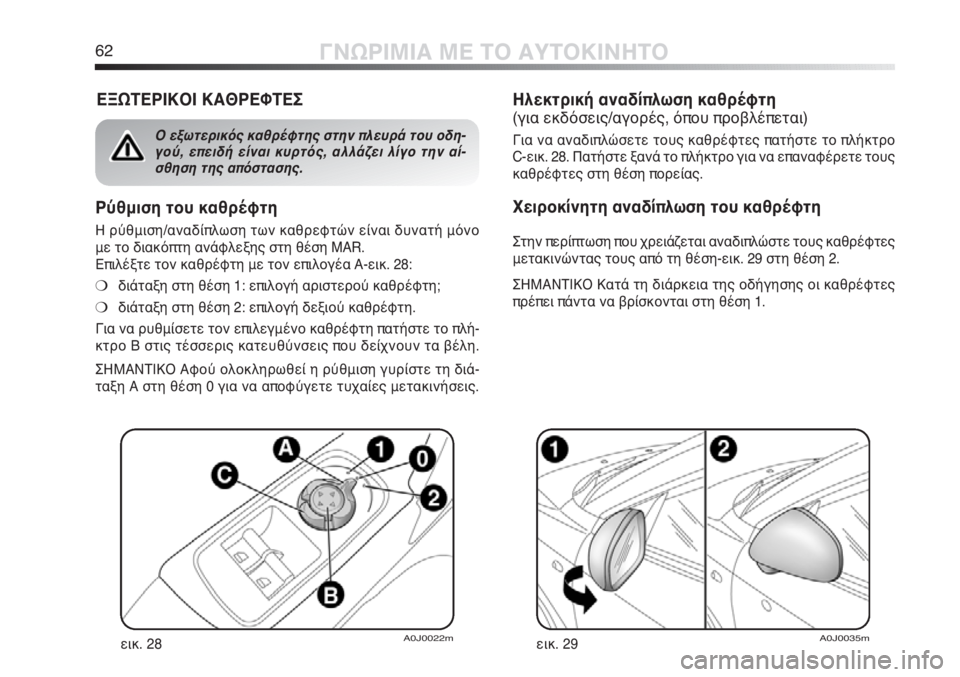 Alfa Romeo MiTo 2011  ΒΙΒΛΙΟ ΧΡΗΣΗΣ ΚΑΙ ΣΥΝΤΗΡΗΣΗΣ (in Greek) 62ΓΝΩΡΙΜΙΑ ΜΕ ΤΟ ΑΥΤΟΚΙΝΗΤΟ
Ηλεκτρική αναδίπλωση καθρέφτη 
(για εκδόσεις/αγορές, όπου προβλέπεται)
Για να αναδ