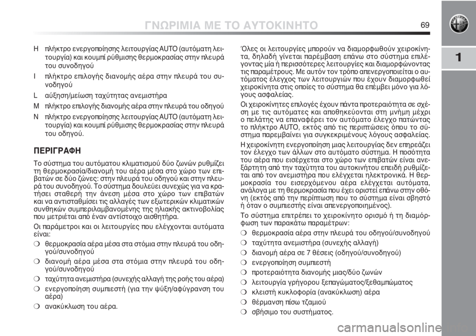 Alfa Romeo MiTo 2011  ΒΙΒΛΙΟ ΧΡΗΣΗΣ ΚΑΙ ΣΥΝΤΗΡΗΣΗΣ (in Greek) 1
ΓΝΩΡΙΜΙΑ ΜΕ ΤΟ ΑΥΤΟΚΙΝΗΤΟ69
Όλες οι λειτουργίες μπορούν να διαμορφωθούν χειροκίνη-
τα, δηλαδή γίνεται παρέμβ