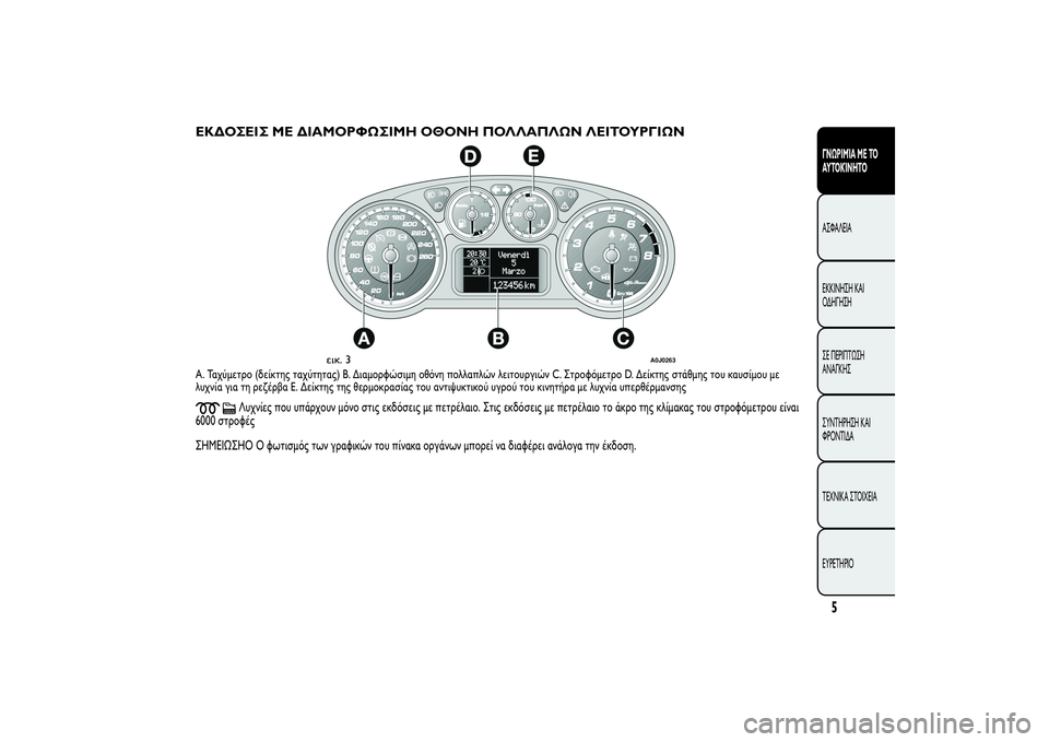 Alfa Romeo MiTo 2013  ΒΙΒΛΙΟ ΧΡΗΣΗΣ ΚΑΙ ΣΥΝΤΗΡΗΣΗΣ (in Greek) ΕΚΔΟΣΕΙΣ ΜΕ ΔΙΑΜΟΡΦΩΣΙΜΗ ΟΘΟΝΗ ΠΟΛΛΑΠΛΩΝ ΛΕΙΤΟΥΡΓΙΩΝA. Ταχύμετρο (δείκτης ταχύτητας) B. Διαμορφώσιμη οθόνη πο