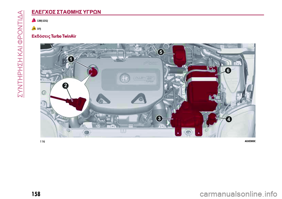 Alfa Romeo MiTo 2019  ΒΙΒΛΙΟ ΧΡΗΣΗΣ ΚΑΙ ΣΥΝΤΗΡΗΣΗΣ (in Greek) ΕΛΕΓΧΟΣ ΣΤΑΘΜΗΣ ΥΓΡΩΝ
130) 131)
37)
ΕκδόσειςTurbo TwinAir
116A0J0380C
158
ΣΥΝΤΗΡΗΣΗ ΚΑΙ ΦΡΟΝΤΙΔΑ 