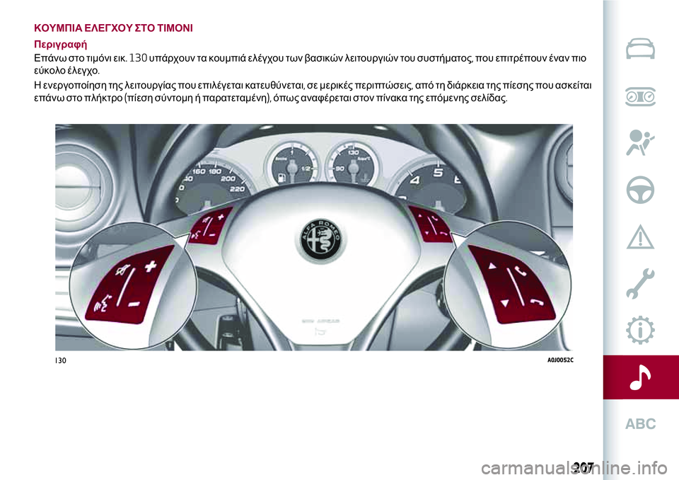 Alfa Romeo MiTo 2021  ΒΙΒΛΙΟ ΧΡΗΣΗΣ ΚΑΙ ΣΥΝΤΗΡΗΣΗΣ (in Greek) ΚΟΥΜΠΙΑ ΕΛΕΓΧΟΥ ΣΤΟ ΤΙΜΟΝΙ
Περιγραφή
Επάνω στο τιμόνι εικ. 130υπάρχουν τα κουμπιά ελέγχου των βασικών λειτουρ