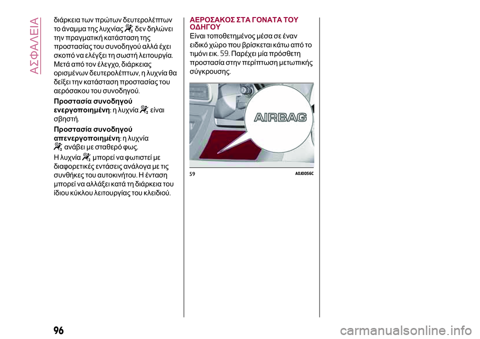 Alfa Romeo MiTo 2019  ΒΙΒΛΙΟ ΧΡΗΣΗΣ ΚΑΙ ΣΥΝΤΗΡΗΣΗΣ (in Greek) διάρκεια των πρώτων δευτερολέπτων
το άναμμα της λυχνίας
δεν δηλώνει
την πραγματική κατάσταση της
προστασίας