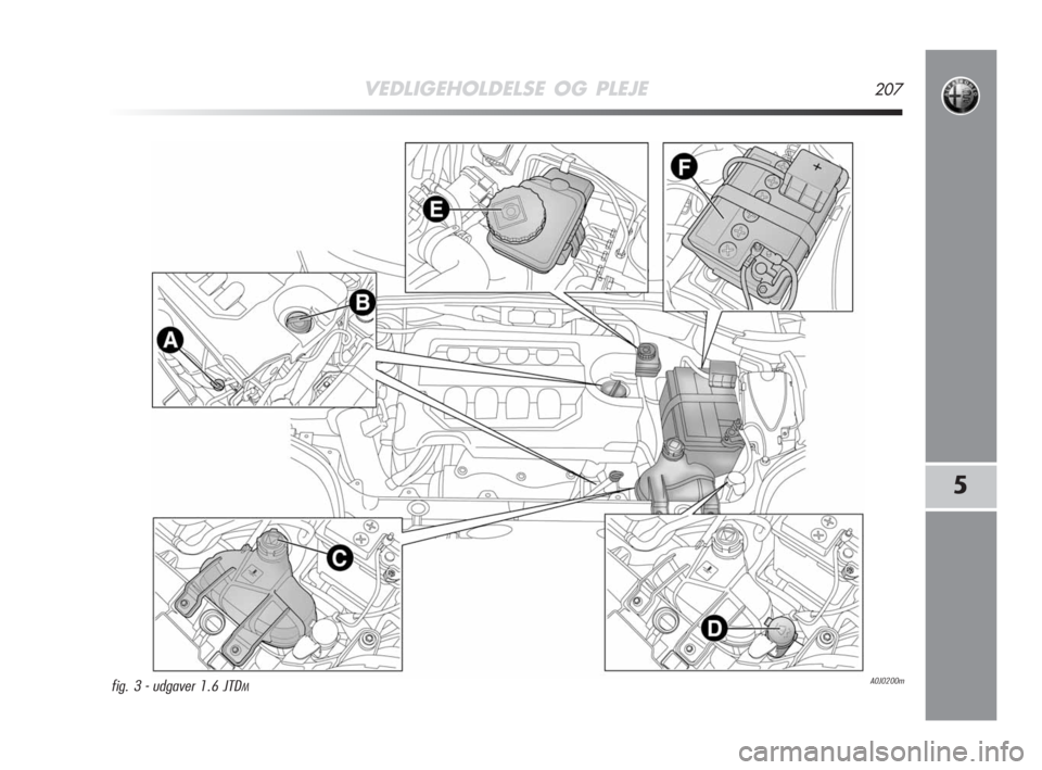 Alfa Romeo MiTo 2010  Brugs- og vedligeholdelsesvejledning (in Danish) VEDLIGEHOLDELSE OG PLEJE207
5
A0J0200mfig. 3 - udgaver 1.6 JTDM
197-220 Alfa DAN MiTo  9-10-2008  15:51  Pagina 207 