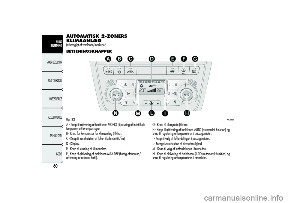 Alfa Romeo MiTo 2013  Brugs- og vedligeholdelsesvejledning (in Danish) AUTOMATISK 2-ZONERS
KLIMAANLÆG(afhængigt af versioner/markeder)BETJENINGSKNAPPERA - Knap til aktivering af funktionen MONO (tilpasning af indstillede
temperaturer) fører/passager.
B - Knap for komp
