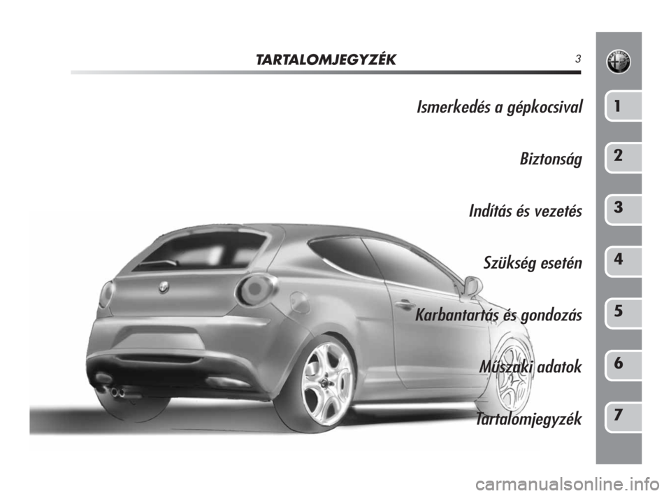 Alfa Romeo MiTo 2009  Kezelési és karbantartási útmutató (in Hungarian) TARTALOMJEGYZÉK3
Ismerkedés a gépkocsival
Biztonság
Indítás és vezetés
Szükség esetén
Karbantartás és gondozás
Műszaki adatok
Tartalomjegyzék1
2
3
4
5
6
7
001-126 Alfa HU MiTo  29-09-2