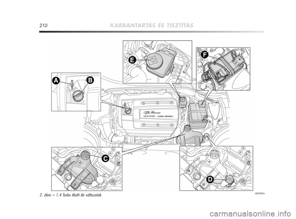 Alfa Romeo MiTo 2010  Kezelési és karbantartási útmutató (in Hungarian) 210KARBANTARTÁS ÉS TISZTÍTÁS
A0J0283m2. ábra – 1.4 Turbo Multi Air változatok
201-226 Alfa MiTo HU 2ed  1-02-2010  11:47  Pagina 210 