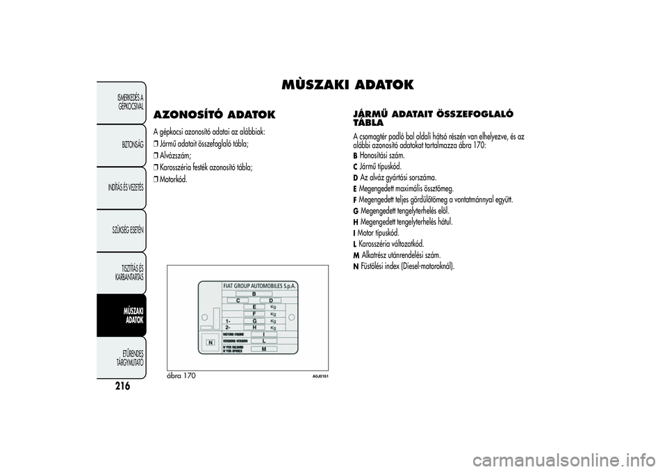 Alfa Romeo MiTo 2013  Kezelési és karbantartási útmutató (in Hungarian) MÙSZAKI ADATOK
AZONOSÍTÓ ADATOKA gépkocsi azonosító adatai az alábbiak:
❒Jármű adatait összefoglaló tábla;
❒Alvázszám;
❒Karosszéria festék azonosító tábla;
❒Motorkód.
JÁRM