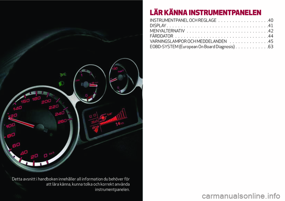 Alfa Romeo MiTo 2021  Drift- och underhållshandbok (in Swedish) Detta avsnitt i handboken innehåller all information du behöver för
att lära känna, kunna tolka och korrekt använda
instrumentpanelen.
LÄR KÄNNA INSTRUMENTPANELEN
INSTRUMENTPANEL OCH REGLAGE..