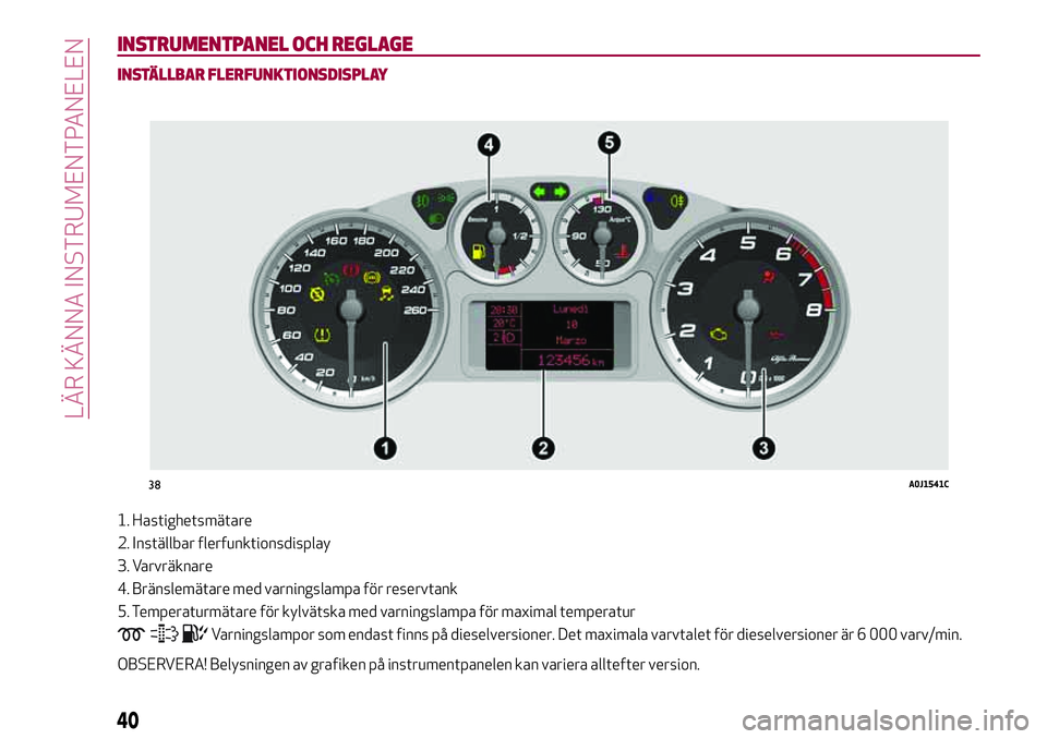 Alfa Romeo MiTo 2021  Drift- och underhållshandbok (in Swedish) INSTRUMENTPANEL OCH REGLAGE
INSTÄLLBAR FLERFUNKTIONSDISPLAY
1. Hastighetsmätare
2. Inställbar flerfunktionsdisplay
3. Varvräknare
4. Bränslemätare med varningslampa för reservtank
5. Temperatur