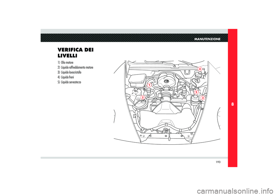 Alfa Romeo 8C 2008  Libretto Uso Manutenzione (in Italian) 193
8
2
5
3
1
4
MANUTENZIONE
VERIFICA DEI 
LIVELLI1) Olio motore
2)  Liquido raffreddamento motore 
3) Liquido lavacristallo
4) Liquido freni 
5) Liquido servosterzo 