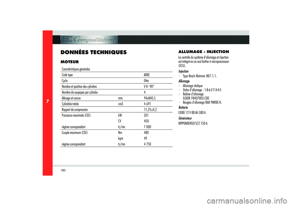 Alfa Romeo 8C 2008  Notice dentretien (in French) 180
7
DONNÉES TECHNIQUESMOTEURCaractéristiques générales
Code type AR8C
Cycle Otto
Nombre et position des cylindres V 8 - 90° 
Nombre de soupapes par cylindre 4
Alésage et course  mm 94x840,5
Cy