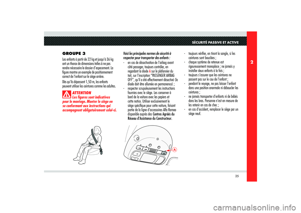 Alfa Romeo 8C 2010 Notice dentretien (in French) 25
2
A
SÉCURITÉ PASSIVE ET ACTIVE
GROUPE 3
Les enfants à partir de 22 kg et jusqu’à 36 kg
ont un thorax de dimensions telles à ne pas
rendre nécessaire le dossier d’espacement. La
figure Alfa Romeo 8C 2010 Notice dentretien (in French) 25
2
A
SÉCURITÉ PASSIVE ET ACTIVE
GROUPE 3
Les enfants à partir de 22 kg et jusqu’à 36 kg
ont un thorax de dimensions telles à ne pas
rendre nécessaire le dossier d’espacement. La
figure