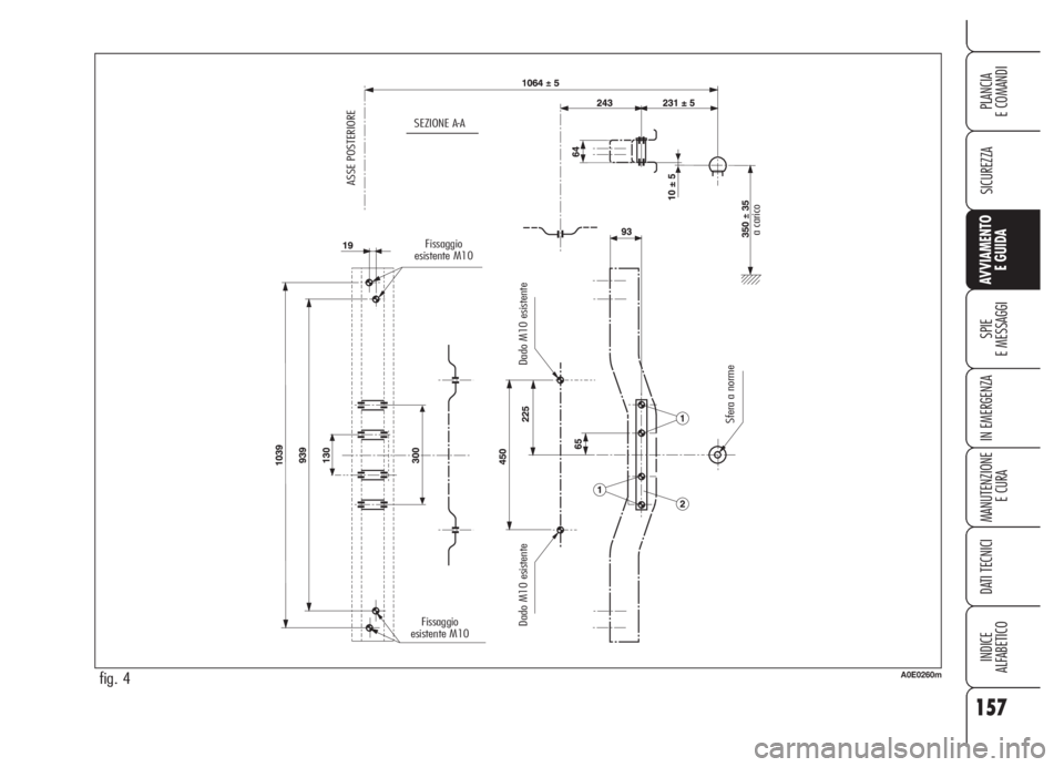 Alfa Romeo 159 2005  Libretto Uso Manutenzione (in Italian) 157
SICUREZZA
SPIE
E MESSAGGI
IN EMERGENZA
MANUTENZIONE
E CURA
DATI TECNICI
INDICE
ALFABETICO
PLANCIA
E COMANDI
AVVIAMENTO 
E GUIDA
fig. 4A0E0260m
SEZIONE A-A
ASSE POSTERIORE
Fissaggio
esistente M10
F