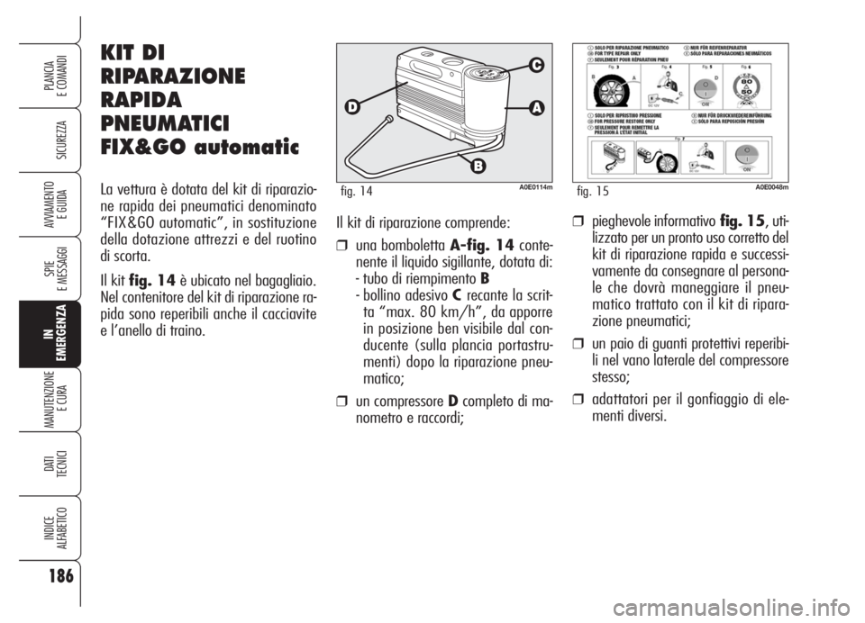Alfa Romeo 159 2005  Libretto Uso Manutenzione (in Italian) Il kit di riparazione comprende:
❒una bomboletta A-fig. 14conte-
nente il liquido sigillante, dotata di:
- tubo di riempimento B
- bollino adesivo Crecante la scrit-
ta “max. 80 km/h”, da apporr