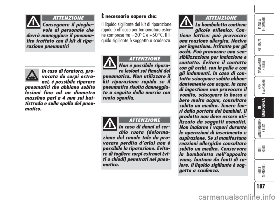 Alfa Romeo 159 2005  Libretto Uso Manutenzione (in Italian) 187
SICUREZZA
SPIE
E MESSAGGI
IN
EMERGENZA
MANUTENZIONE
E CURA
DATI 
TECNICI
INDICE
ALFABETICO
PLANCIA
E COMANDI
AVVIAMENTO 
E GUIDA
La bomboletta contiene
glicole etilenico. Con-
tiene lattice: può 