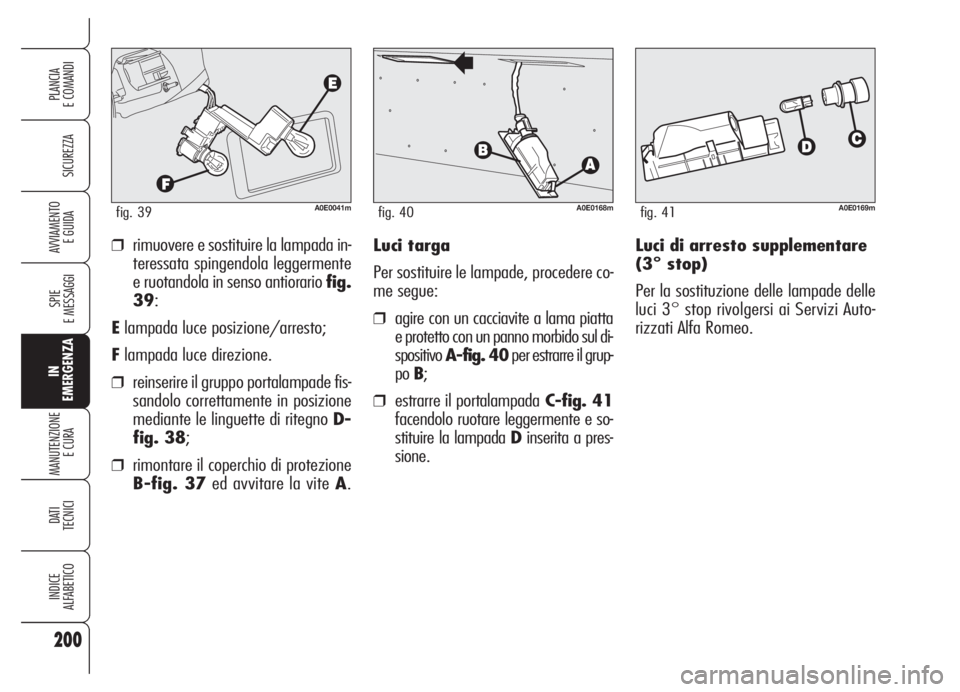 Alfa Romeo 159 2005  Libretto Uso Manutenzione (in Italian) Luci di arresto supplementare
(3° stop)
Per la sostituzione delle lampade delle
luci 3° stop rivolgersi ai Servizi Auto-
rizzati Alfa Romeo. ❒rimuovere e sostituire la lampada in-
teressata spinge