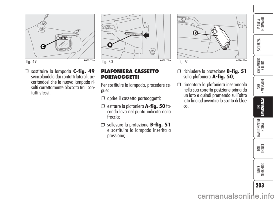 Alfa Romeo 159 2005  Libretto Uso Manutenzione (in Italian) 203
SICUREZZA
SPIE
E MESSAGGI
IN
EMERGENZA
MANUTENZIONE
E CURA
DATI 
TECNICI
INDICE
ALFABETICO
PLANCIA
E COMANDI
AVVIAMENTO 
E GUIDA❒richiudere la protezione B-fig. 51
sulla plafonieraA-fig. 50;
❒