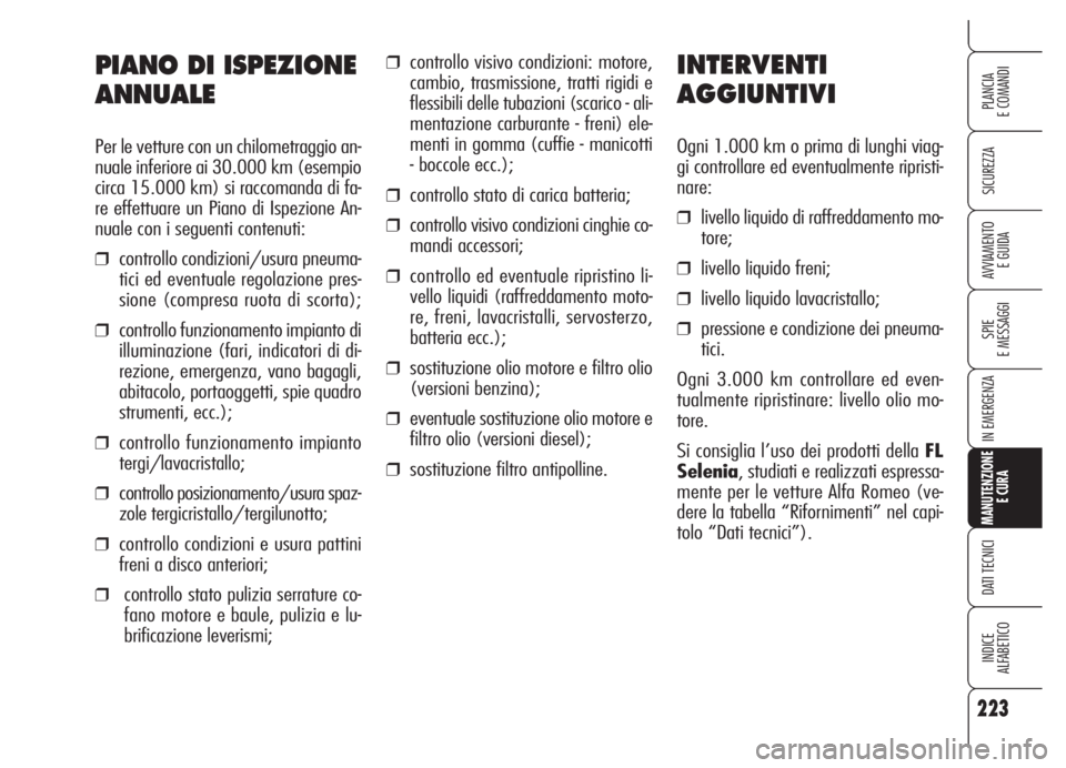 Alfa Romeo 159 2005  Libretto Uso Manutenzione (in Italian) 223
SICUREZZA
SPIE
E MESSAGGI
IN EMERGENZA
MANUTENZIONE
E CURA
DATI TECNICI
INDICE
ALFABETICO
PLANCIA
E COMANDI
AVVIAMENTO 
E GUIDA
❒controllo visivo condizioni: motore,
cambio, trasmissione, tratti