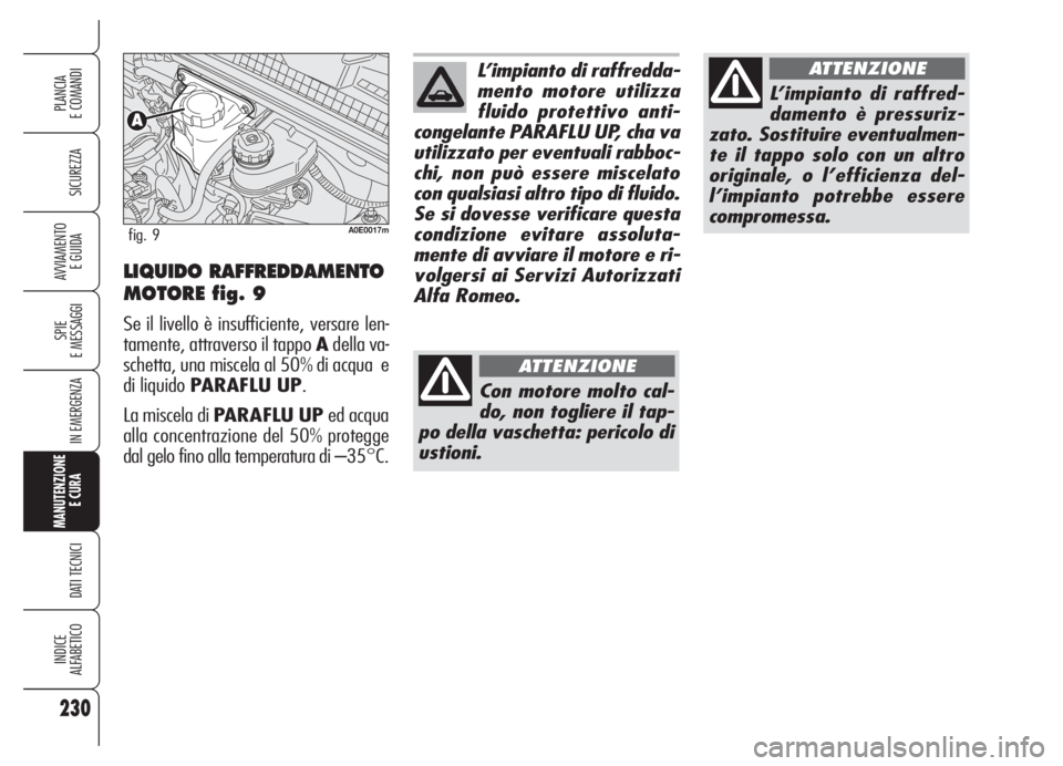Alfa Romeo 159 2005  Libretto Uso Manutenzione (in Italian) 230
SICUREZZA
SPIE
E MESSAGGI
IN EMERGENZA
MANUTENZIONE
E CURA 
DATI TECNICI
INDICE
ALFABETICO
PLANCIA
E COMANDI
AVVIAMENTO 
E GUIDALIQUIDO RAFFREDDAMENTO
MOTORE fig. 9
Se il livello è insufficiente,