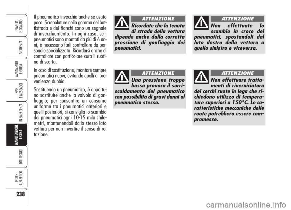 Alfa Romeo 159 2005  Libretto Uso Manutenzione (in Italian) 238
SICUREZZA
SPIE
E MESSAGGI
IN EMERGENZA
MANUTENZIONE
E CURA 
DATI TECNICI
INDICE
ALFABETICO
PLANCIA
E COMANDI
AVVIAMENTO 
E GUIDA
Ricordate che la tenuta
di strada della vettura
dipende anche dalla