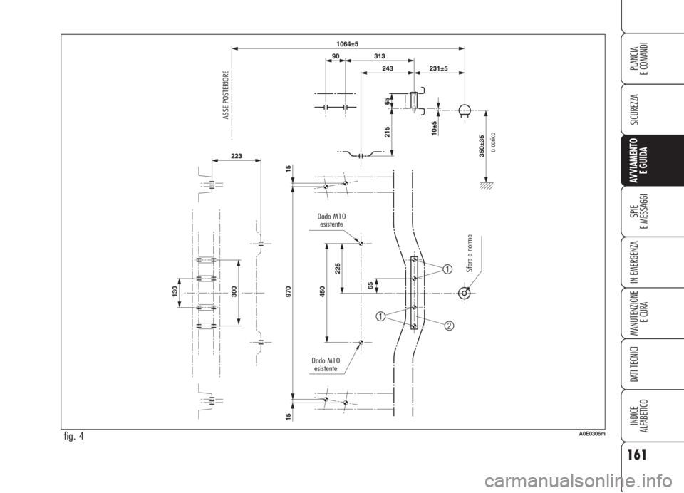 Alfa Romeo 159 2006  Libretto Uso Manutenzione (in Italian) 161
SICUREZZA
SPIE
E MESSAGGI
IN EMERGENZA
MANUTENZIONE
E CURA
DATI TECNICI
INDICE
ALFABETICO
PLANCIA
E COMANDI
AVVIAMENTO 
E GUIDA
fig. 4A0E0306m
ASSE POSTERIORE
Sfera a norme
a carico
Dado M10 
esis