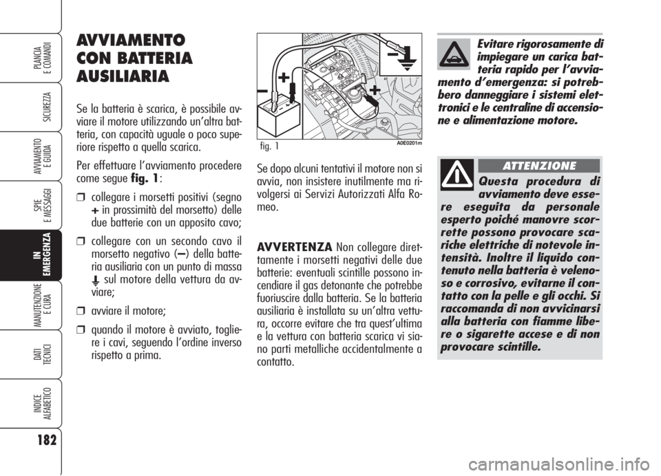 Alfa Romeo 159 2006  Libretto Uso Manutenzione (in Italian) 182
SICUREZZA
SPIE
E MESSAGGI
IN
EMERGENZA
MANUTENZIONE
E CURA 
DATI
TECNICI
INDICE
ALFABETICO
PLANCIA
E COMANDI
AVVIAMENTO 
E GUIDA
AVVERTENZANon collegare diret-
tamente i morsetti negativi delle du