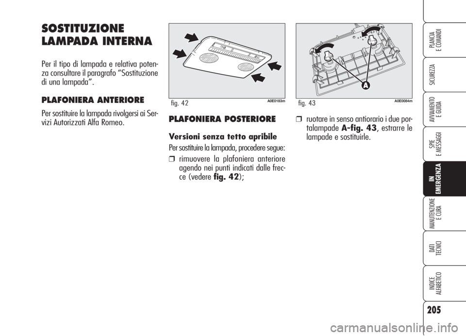 Alfa Romeo 159 2006  Libretto Uso Manutenzione (in Italian) 205
SICUREZZA
SPIE
E MESSAGGI
IN
EMERGENZA
MANUTENZIONE
E CURA
DATI 
TECNICI
INDICE
ALFABETICO
PLANCIA
E COMANDI
AVVIAMENTO 
E GUIDA
SOSTITUZIONE
LAMPADA INTERNA
Per il tipo di lampada e relativa pote