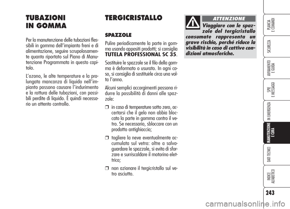 Alfa Romeo 159 2006  Libretto Uso Manutenzione (in Italian) 243
SICUREZZA
SPIE
E MESSAGGI
IN EMERGENZA
MANUTENZIONE
E CURA
DATI TECNICI
INDICE
ALFABETICO
PLANCIA
E COMANDI
AVVIAMENTO 
E GUIDA
TERGICRISTALLO
SPAZZOLE
Pulire periodicamente la parte in gom-
ma us