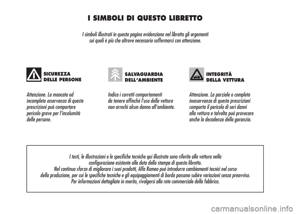 Alfa Romeo 159 2006  Libretto Uso Manutenzione (in Italian) I SIMBOLI DI QUESTO LIBRETTO
I simboli illustrati in questa pagina evidenziano nel libretto gli argomenti 
sui quali è più che altrove necessario soffermarsi con attenzione.
Attenzione. La mancata o