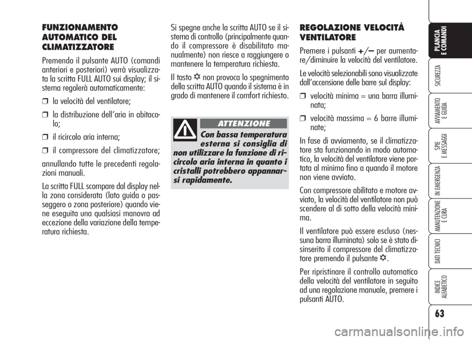 Alfa Romeo 159 2006  Libretto Uso Manutenzione (in Italian) 63
SICUREZZA
SPIE
E MESSAGGI
IN EMERGENZA
MANUTENZIONE
E CURA
DATI TECNICI
INDICE
ALFABETICO
PLANCIA
E COMANDI
AVVIAMENTO 
E GUIDA
REGOLAZIONE VELOCITÀ
VENTILATORE
Premere i pulsanti +/–per aumenta