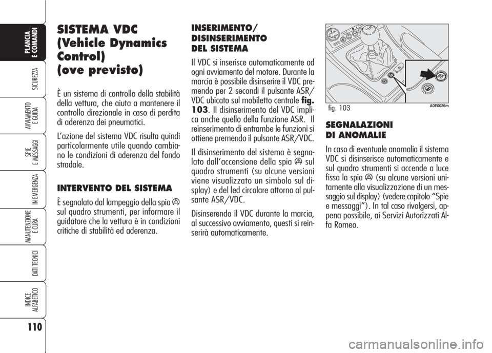 Alfa Romeo 159 2007 Libretto Uso Manutenzione (in Italian) 110
SICUREZZA
SPIE
E MESSAGGI
IN EMERGENZA
MANUTENZIONE
E CURA
DATI TECNICI
INDICE
ALFABETICO
PLANCIA
E COMANDI
AVVIAMENTO
E GUIDA
SISTEMA VDC
(Vehicle Dynamics
Control)
(ove previsto)
È un sistema Alfa Romeo 159 2007 Libretto Uso Manutenzione (in Italian) 110
SICUREZZA
SPIE
E MESSAGGI
IN EMERGENZA
MANUTENZIONE
E CURA
DATI TECNICI
INDICE
ALFABETICO
PLANCIA
E COMANDI
AVVIAMENTO
E GUIDA
SISTEMA VDC
(Vehicle Dynamics
Control)
(ove previsto)
È un sistema