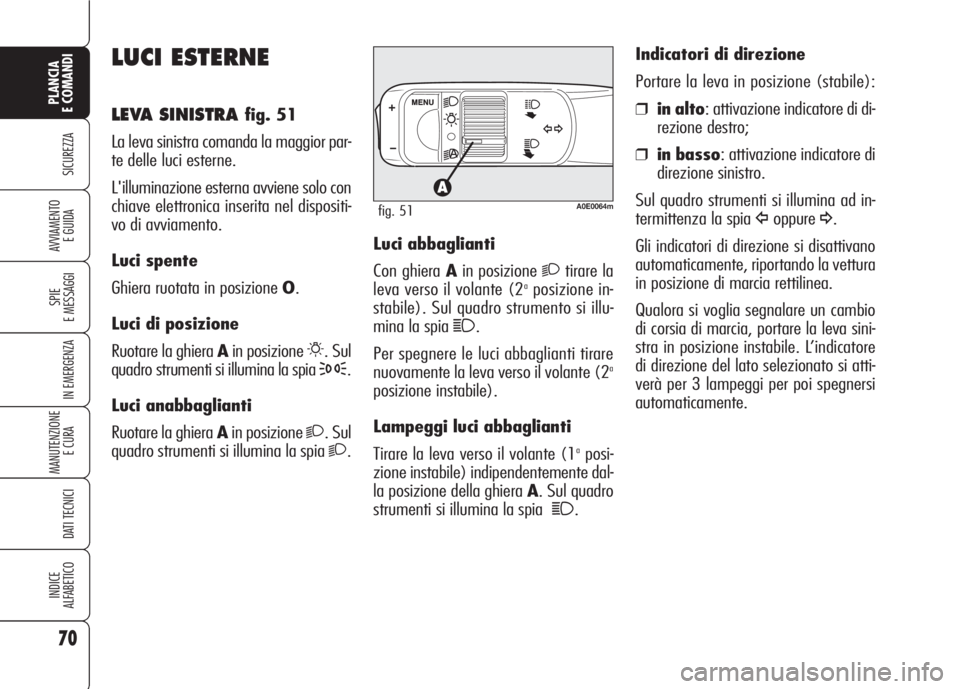 Alfa Romeo 159 2007 Libretto Uso Manutenzione (in Italian) 70
SICUREZZA
SPIE
E MESSAGGI
IN EMERGENZA
MANUTENZIONE
E CURA
DATI TECNICI
INDICE
ALFABETICO
PLANCIA
E COMANDI
AVVIAMENTO
E GUIDA
LUCI ESTERNE
LEVA SINISTRA fig. 51
La leva sinistra comanda la maggi Alfa Romeo 159 2007 Libretto Uso Manutenzione (in Italian) 70
SICUREZZA
SPIE
E MESSAGGI
IN EMERGENZA
MANUTENZIONE
E CURA
DATI TECNICI
INDICE
ALFABETICO
PLANCIA
E COMANDI
AVVIAMENTO
E GUIDA
LUCI ESTERNE
LEVA SINISTRA fig. 51
La leva sinistra comanda la maggi