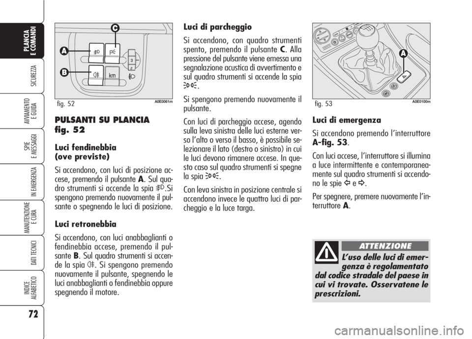 Alfa Romeo 159 2007 Libretto Uso Manutenzione (in Italian) 72
SICUREZZA
SPIE
E MESSAGGI
IN EMERGENZA
MANUTENZIONE
E CURA
DATI TECNICI
INDICE
ALFABETICO
PLANCIA
E COMANDI
AVVIAMENTO
E GUIDA
Luci di parcheggio
Si accendono, con quadro strumenti
spento, premen Alfa Romeo 159 2007 Libretto Uso Manutenzione (in Italian) 72
SICUREZZA
SPIE
E MESSAGGI
IN EMERGENZA
MANUTENZIONE
E CURA
DATI TECNICI
INDICE
ALFABETICO
PLANCIA
E COMANDI
AVVIAMENTO
E GUIDA
Luci di parcheggio
Si accendono, con quadro strumenti
spento, premen