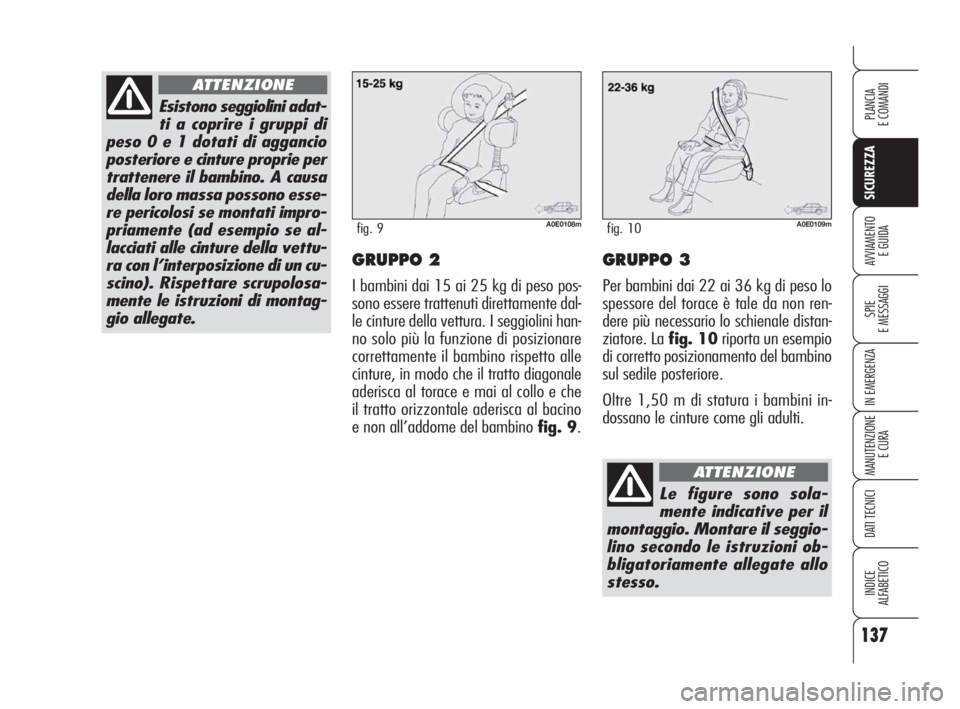 Alfa Romeo 159 2008  Libretto Uso Manutenzione (in Italian) 137
SICUREZZA
SPIE
E MESSAGGI
IN EMERGENZA
MANUTENZIONE
E CURA
DATI TECNICI
INDICE
ALFABETICO
PLANCIA
E COMANDI
AVVIAMENTO 
E GUIDAGRUPPO 2
I bambini dai 15 ai 25 kg di peso pos-
sono essere trattenut