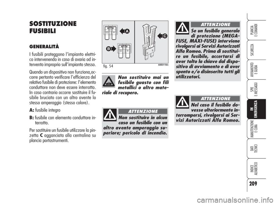 Alfa Romeo 159 2008  Libretto Uso Manutenzione (in Italian) 209
SICUREZZA
SPIE
E MESSAGGI
IN
EMERGENZA
MANUTENZIONE
E CURA
DATI 
TECNICI
INDICE
ALFABETICO
PLANCIA
E COMANDI
AVVIAMENTO 
E GUIDA
SOSTITUZIONE
FUSIBILI
GENERALITÀ
I fusibili proteggono l’impiant